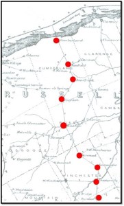 Carte avec points rouges marquant les emplacements des anciens bureaux de poste